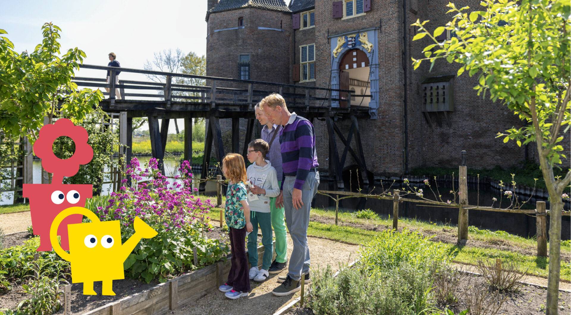 Foto van een gezin in een tuin met icoon een plant en gieter voor De Gelderse Dag ontworpen door Diep Arnhem