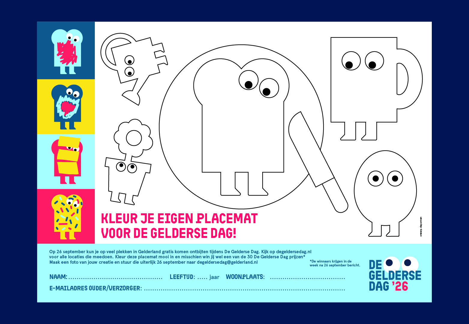 Kleurplaat voor de Gelderse dag met een boterham met ogen.